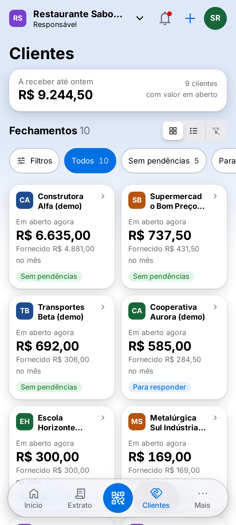 Clientes na Gestão do fornecedor: valor a receber, fechamentos e a situação de cada cliente.